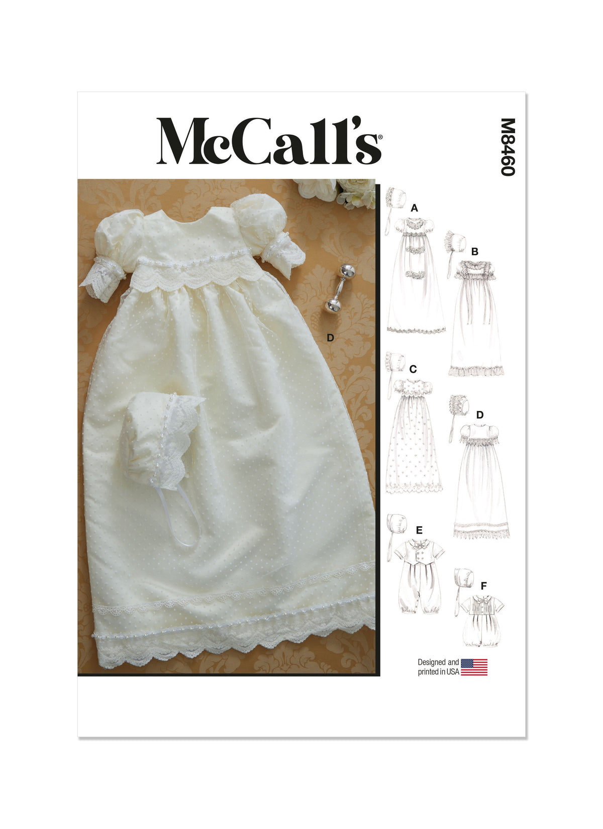 McCall's M8460 sewing pattern envelope showing baby special occasion gowns designs
