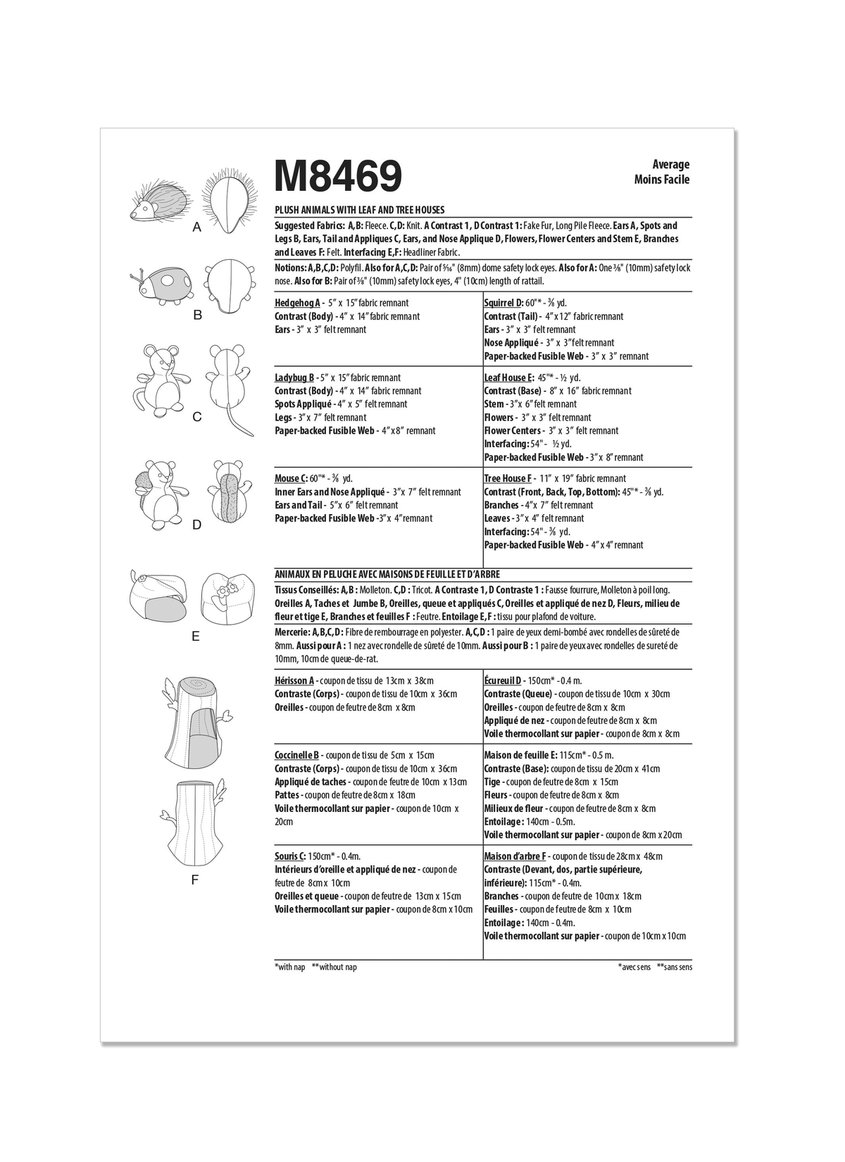 McCall's M8469 sewing pattern envelope showing plush stuffed animals designs
