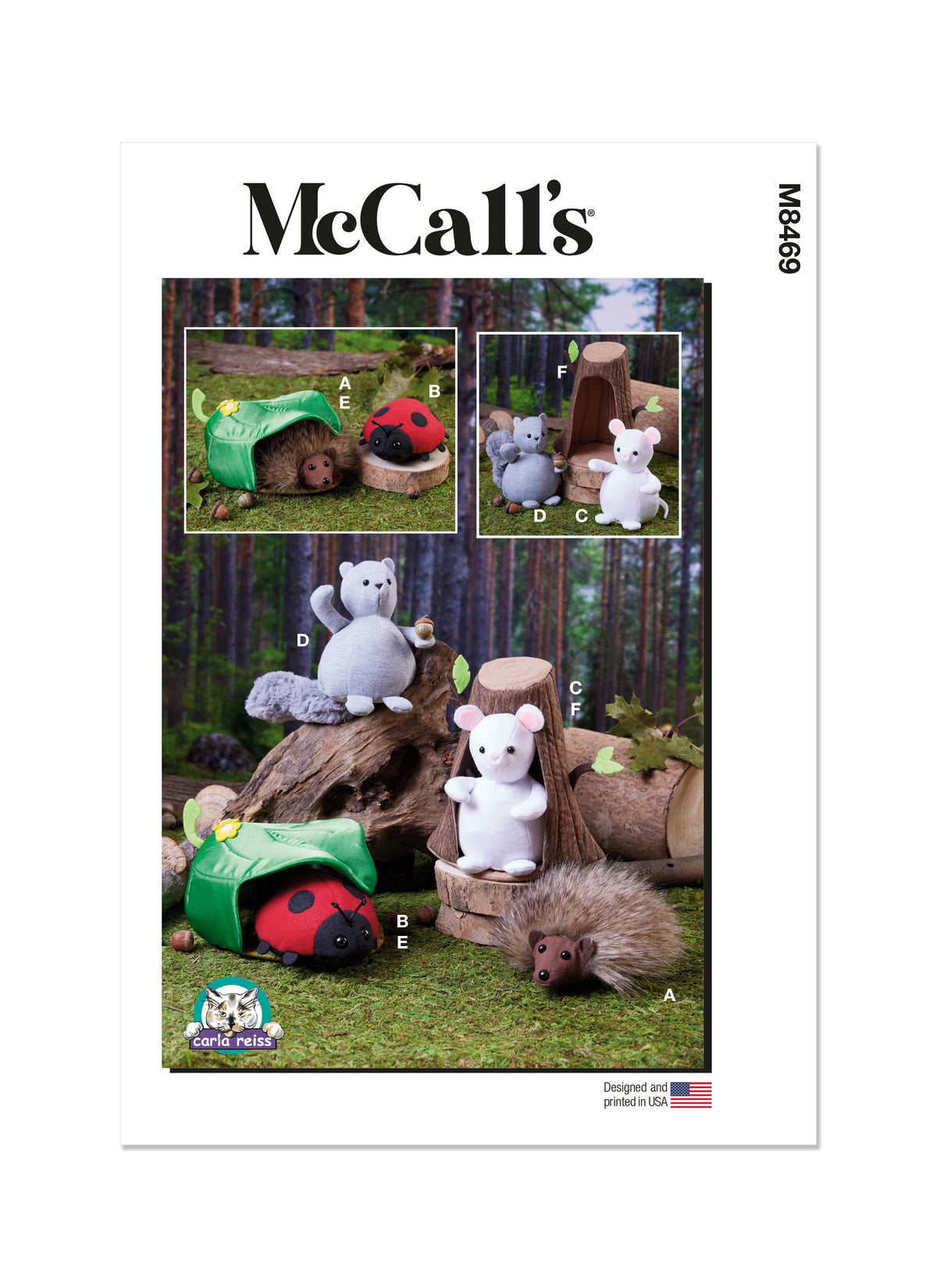McCall's M8469 sewing pattern envelope showing plush stuffed animals designs