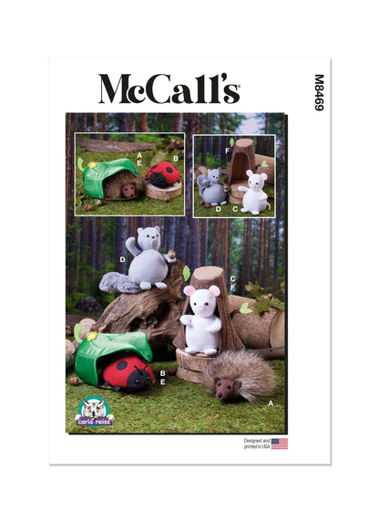 McCall's M8469 sewing pattern envelope showing plush stuffed animals designs