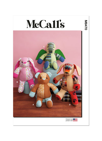 McCall's M8470 sewing pattern envelope showing patchwork plush toys designs