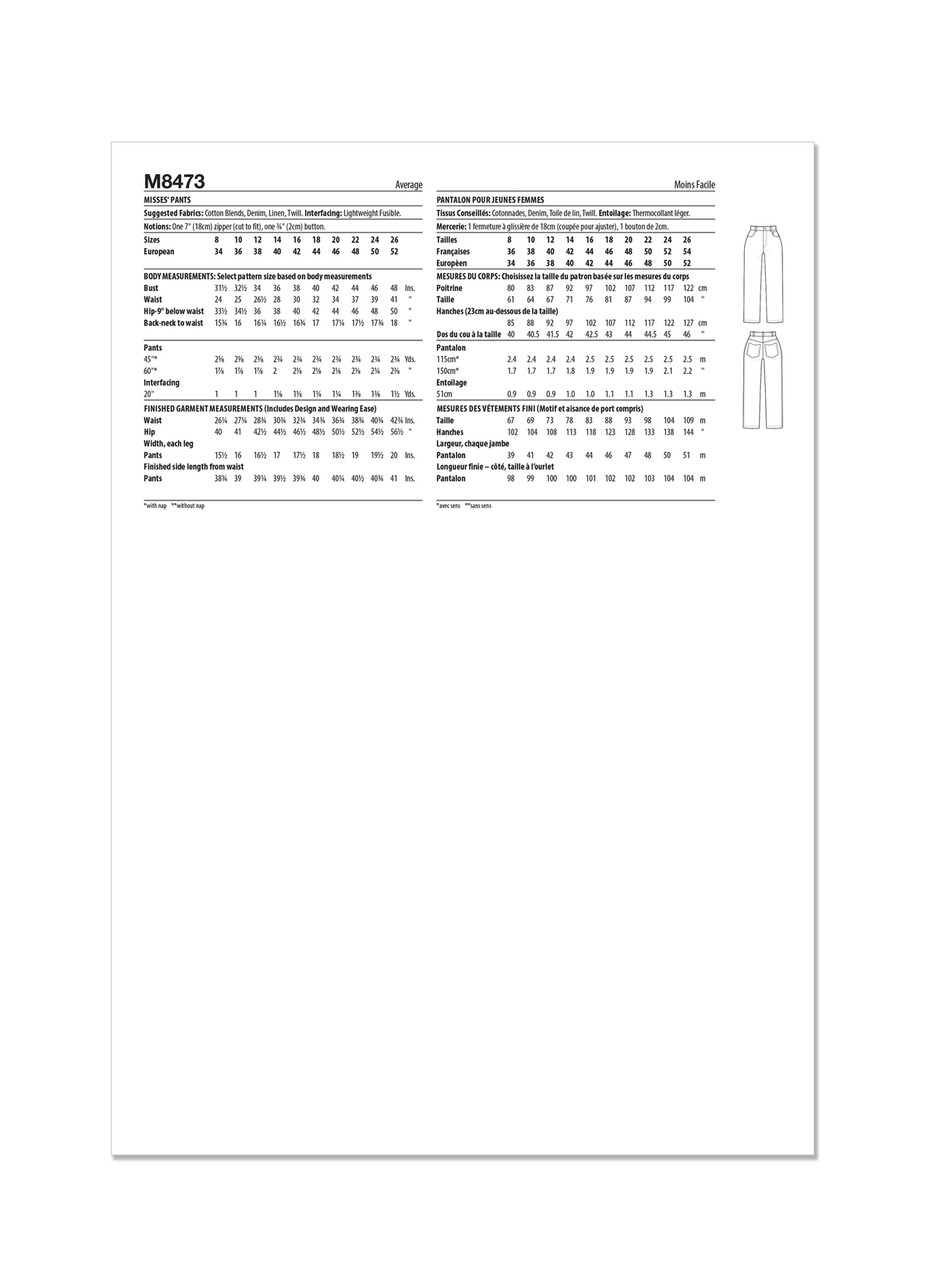 McCall's M8473 sewing pattern envelope showing misses' melissa watson trousers designs