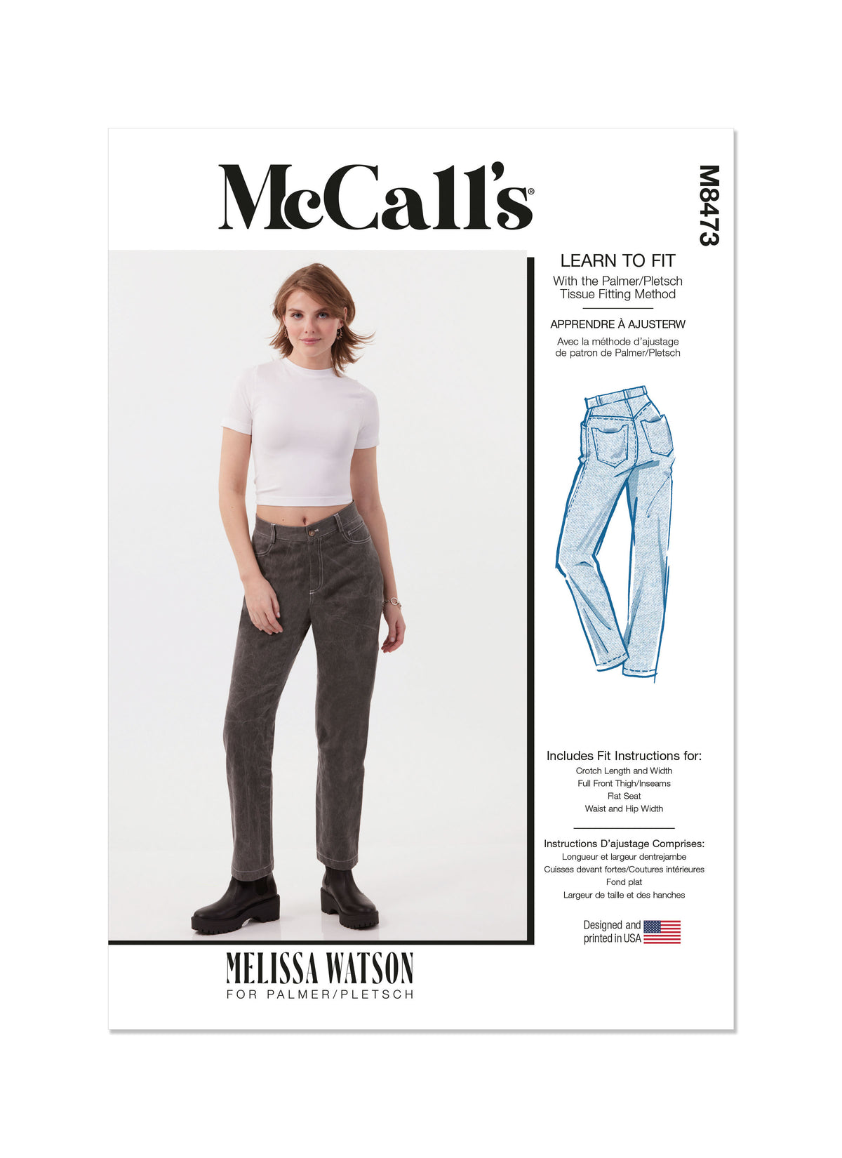 McCall's M8473 sewing pattern envelope showing misses' melissa watson trousers designs