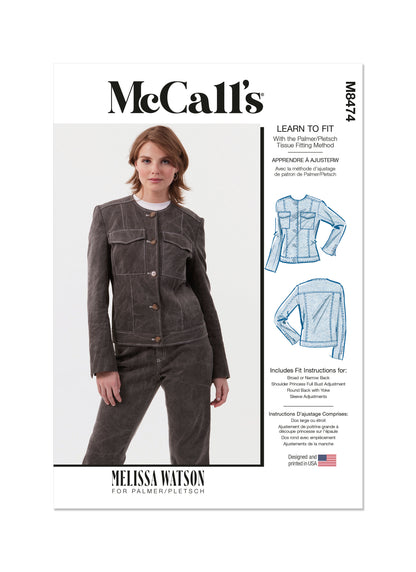 McCall's M8474 sewing pattern envelope showing misses' melissa watson jacket designs