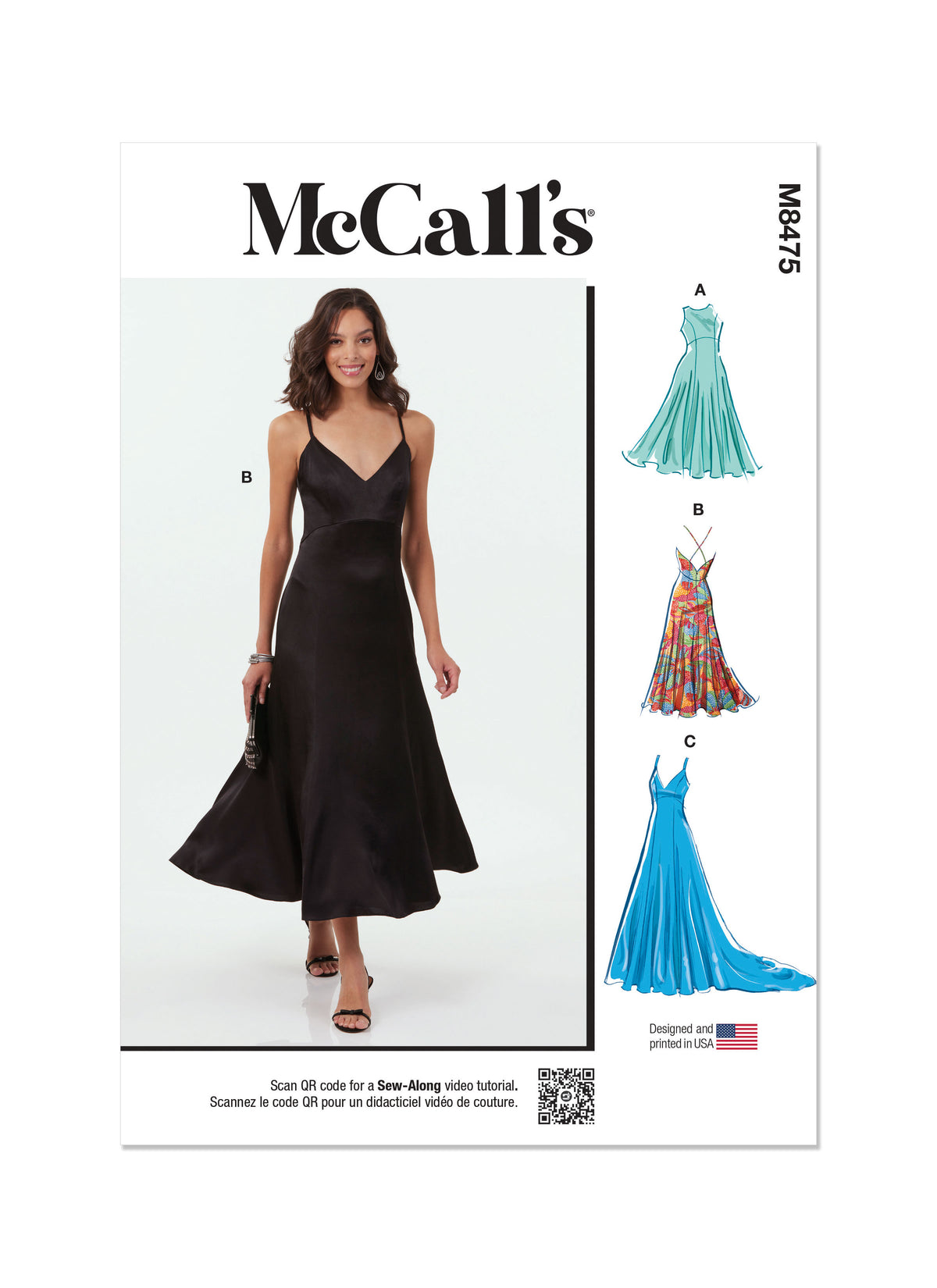 McCall's M8475 sewing pattern envelope showing womens evening gown designs