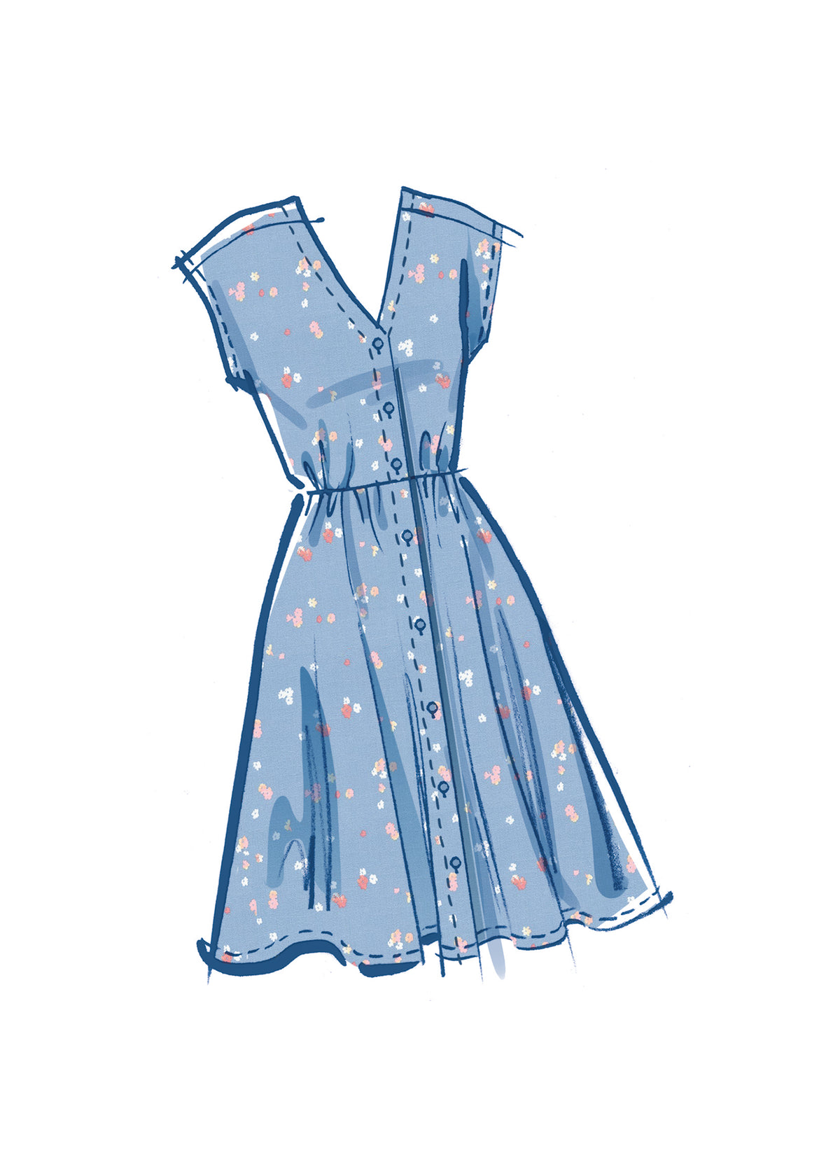McCall's M8477 sewing pattern envelope showing misses' dropped shoulder shirtdress designs