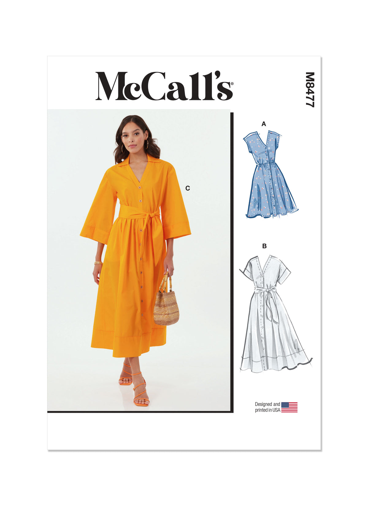 McCall's M8477 sewing pattern envelope showing misses' dropped shoulder shirtdress designs