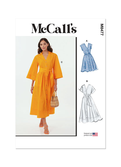 McCall's M8477 sewing pattern envelope showing misses' dropped shoulder shirtdress designs