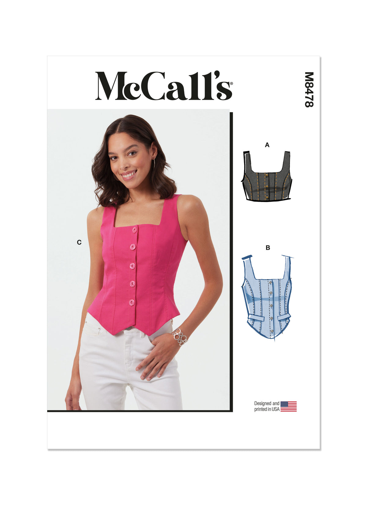 McCall's M8478 sewing pattern envelope showing misses' corset-style cropped top designs