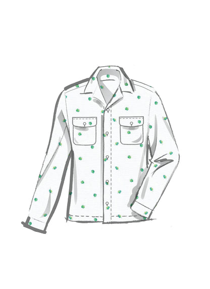 McCall's M8486 sewing pattern envelope showing mens matching shirt & shorts designs