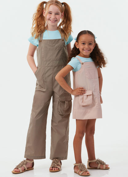 McCall's M8489 sewing pattern envelope showing girls' pinafore & overalls designs