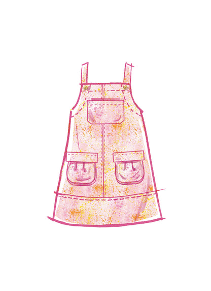 McCall's M8489 sewing pattern envelope showing girls' pinafore & overalls designs