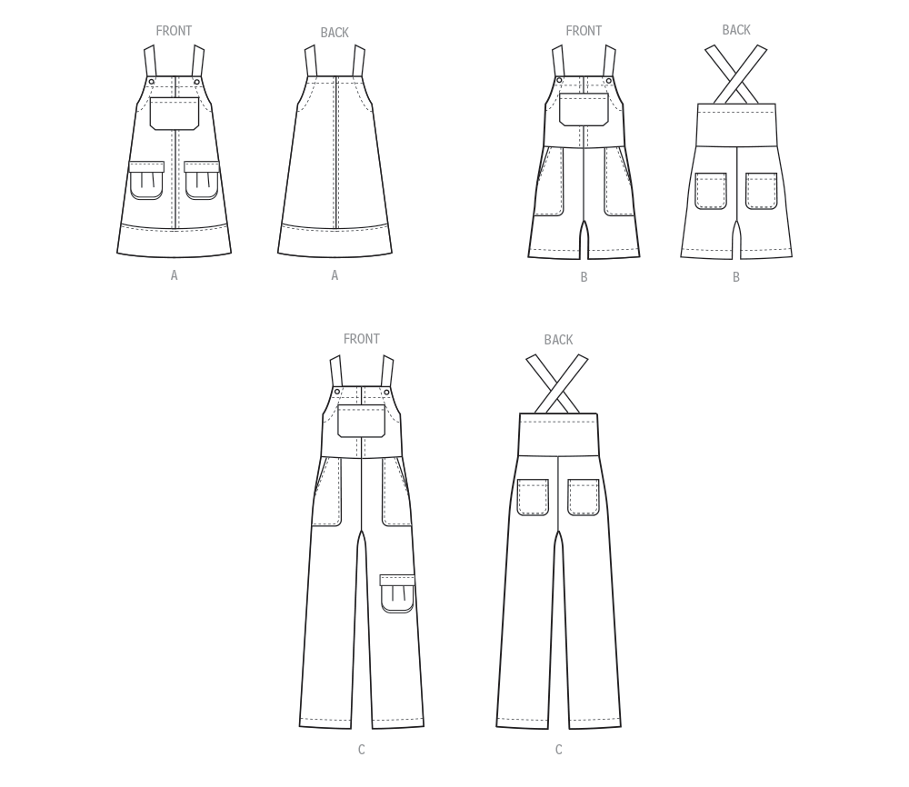 McCall's M8489 sewing pattern envelope showing girls' pinafore & overalls designs