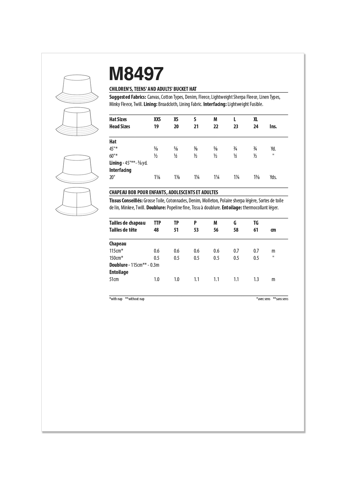 McCall's M8497 sewing pattern envelope showing an easy lined bucket hat with brim topstitching options