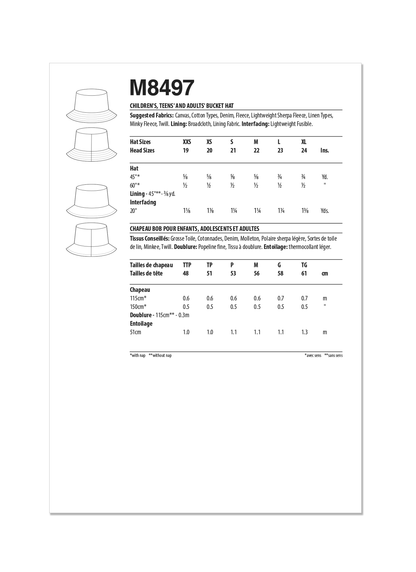 McCall's M8497 sewing pattern envelope showing an easy lined bucket hat with brim topstitching options