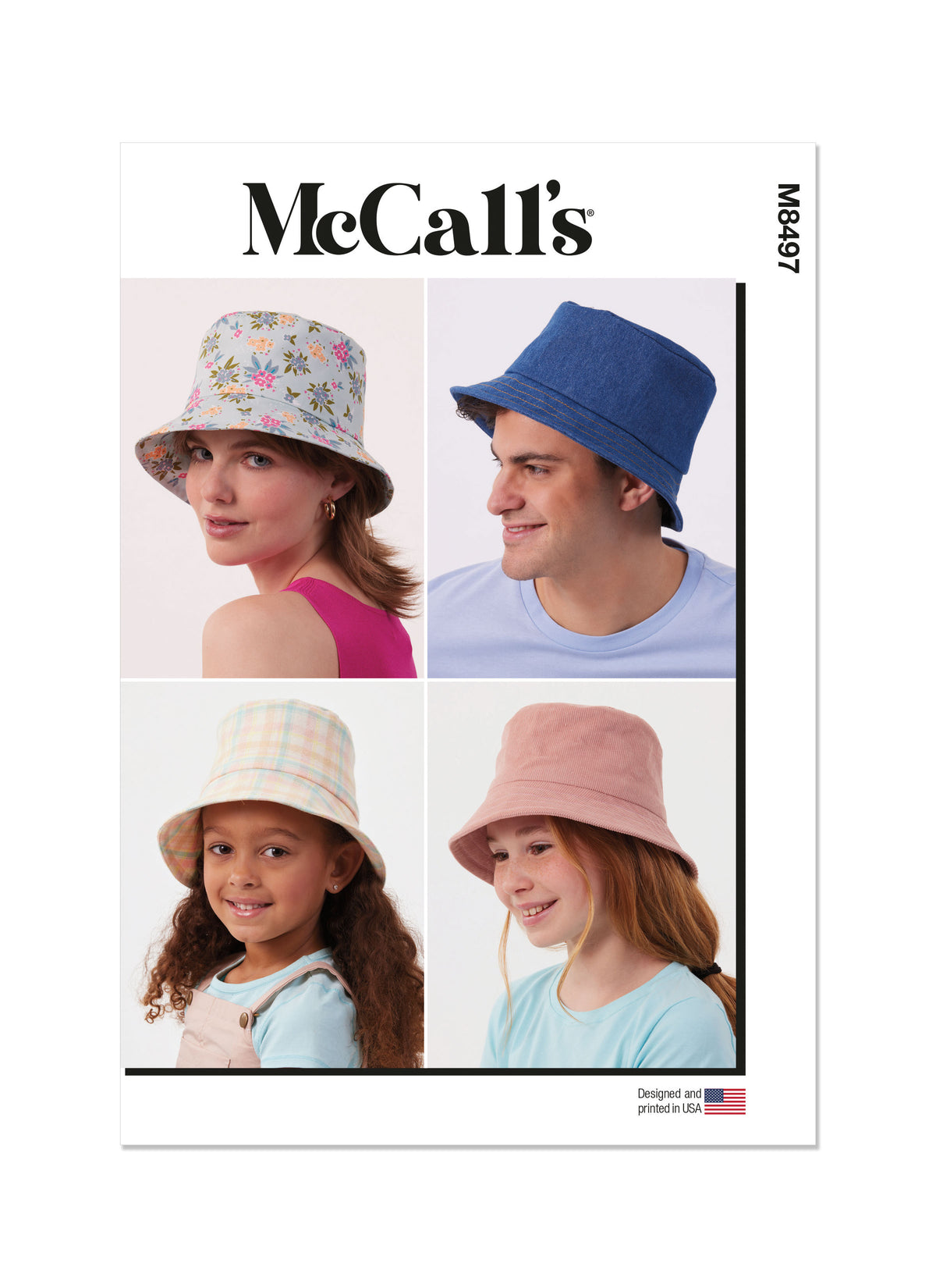 McCall's M8497 sewing pattern envelope showing an easy lined bucket hat with brim topstitching options