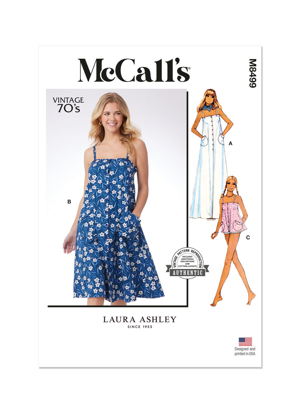McCall's M8499 sewing pattern envelope showing a vintage 1970s Laura Ashley dress or top