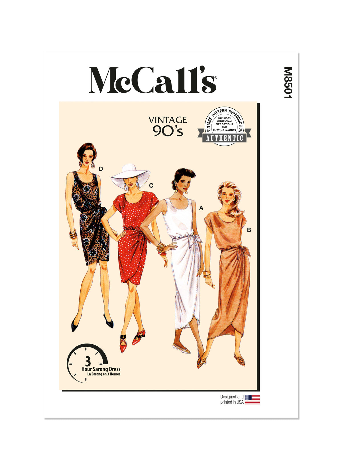 McCall's M8501 sewing pattern envelope showing a vintage-style 1990s sarong dress in two lengths