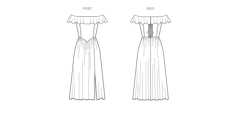 McCall's M8503 sewing pattern envelope showing an on or off shoulder dress with a boned bodice