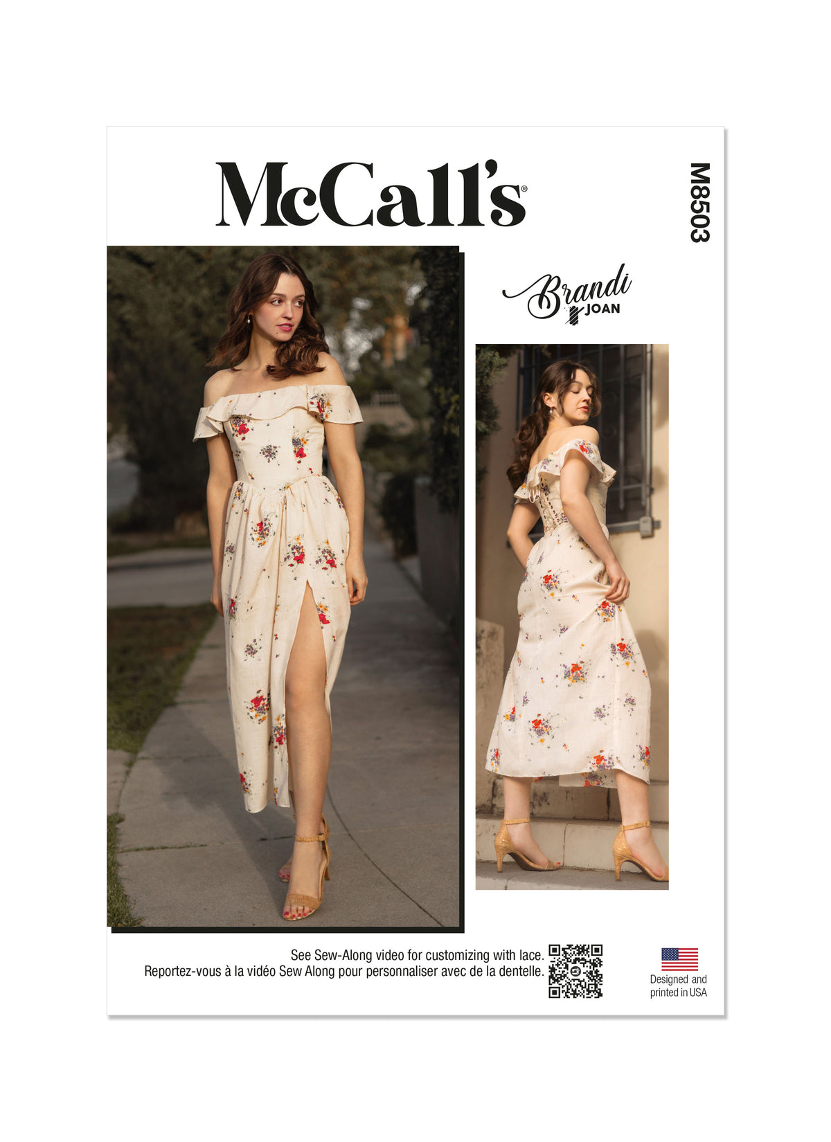 McCall's M8503 sewing pattern envelope showing an on or off shoulder dress with a boned bodice