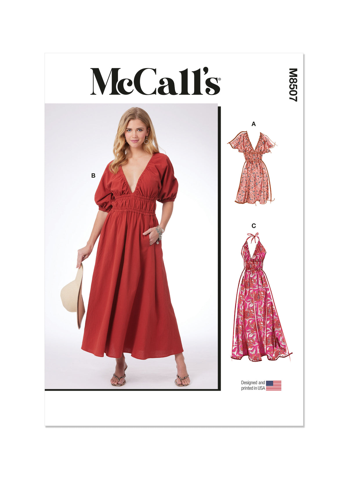 McCall's M8507 sewing pattern envelope showing easy to sew dresses with a ruched bodice