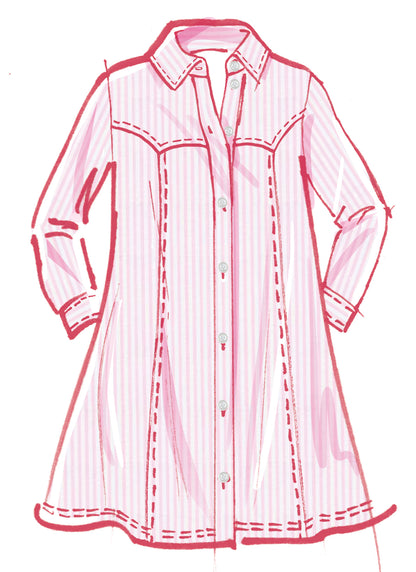 McCall's M8508 sewing pattern envelope showing a button front dress with a spread collar
