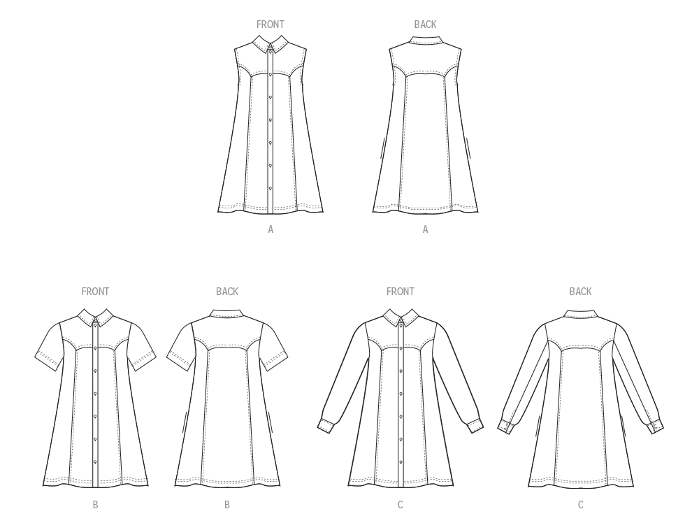 McCall's M8508 sewing pattern envelope showing a button front dress with a spread collar
