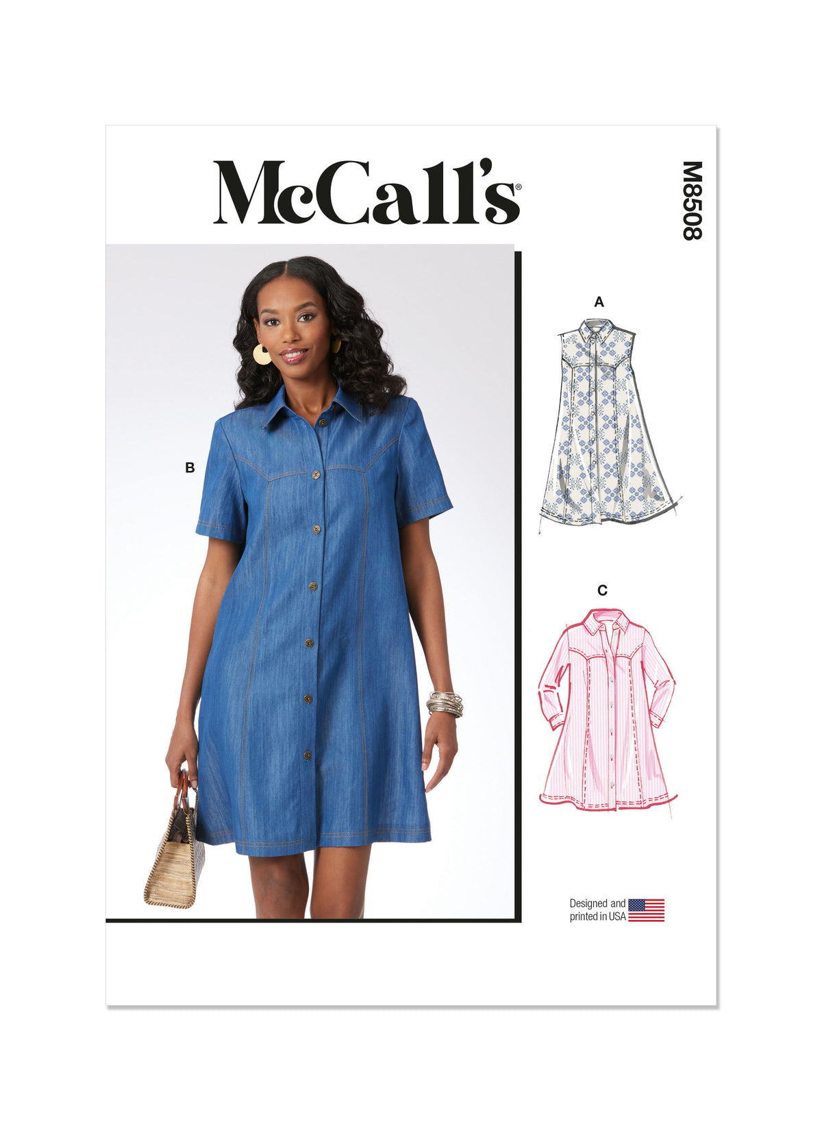 McCall's M8508 sewing pattern envelope showing a button front dress with a spread collar