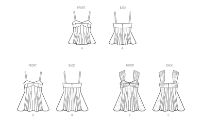 McCall's M8509 sewing pattern envelope showing flared peplum tops with lined bodices