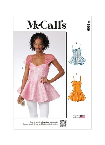 McCall's M8509 sewing pattern envelope showing flared peplum tops with lined bodices