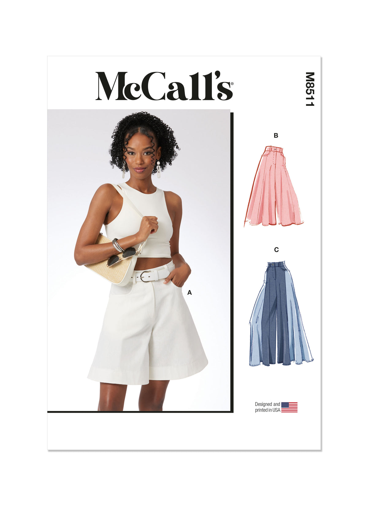 McCall's M8511 sewing pattern envelope showing statement shorts and trousers