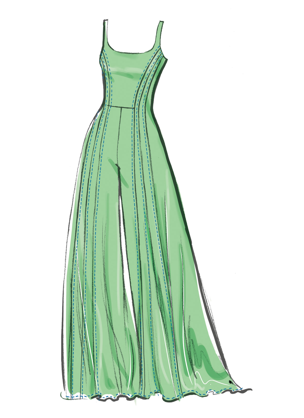 McCall's M8512 sewing pattern envelope showing floor length jumpsuits and a dress