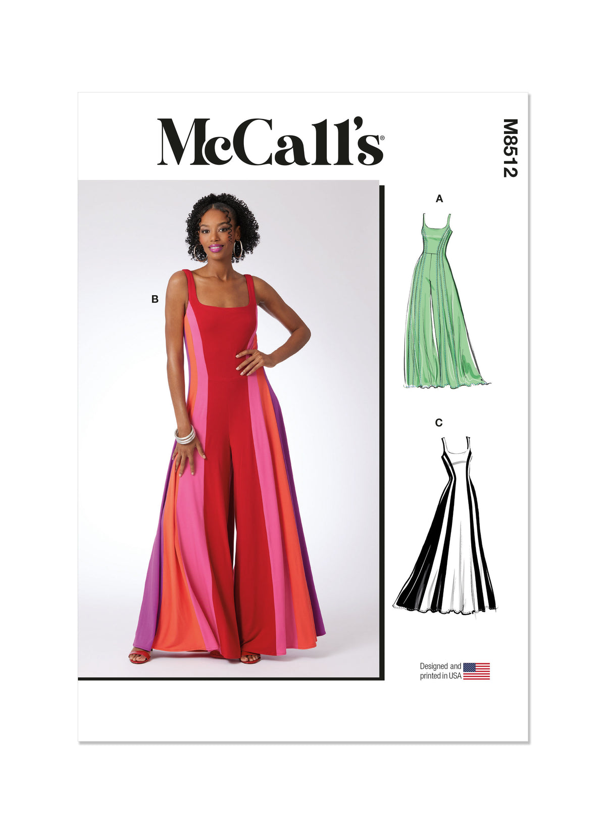 McCall's M8512 sewing pattern envelope showing floor length jumpsuits and a dress