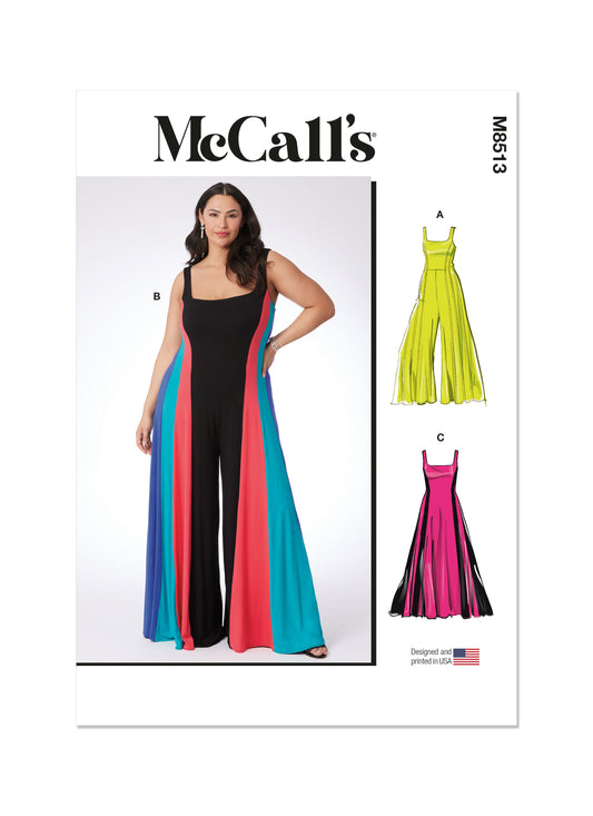 McCall's M8513 sewing pattern envelope showing floor length jumpsuits and a dress