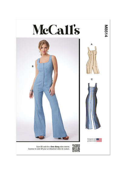 McCall's M8514 sewing pattern envelope showing a corset-style romper and jumpsuits