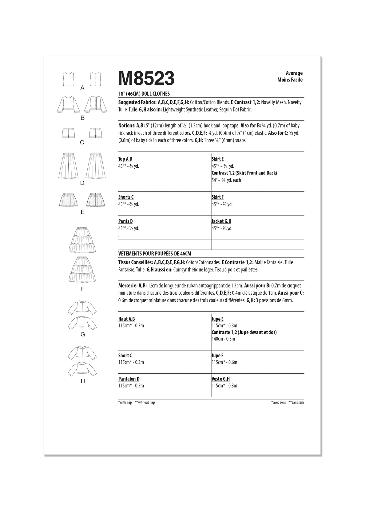 McCall's M8523 sewing pattern envelope showing 18in doll clothes