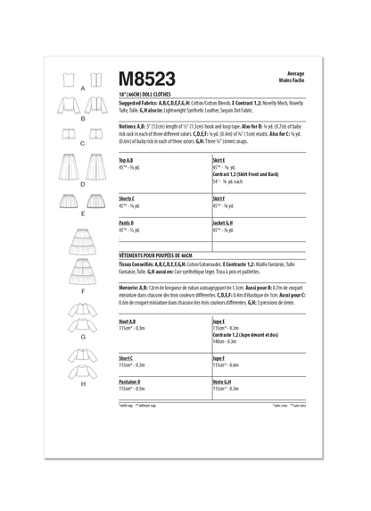 McCall's M8523 sewing pattern envelope showing 18in doll clothes