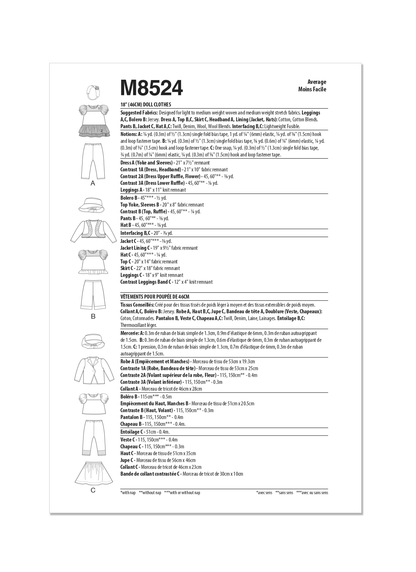 McCall's M8524 sewing pattern envelope showing 18in doll outfits