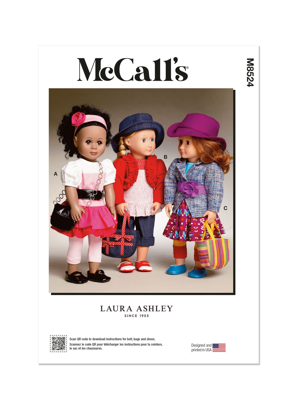 McCall's M8524 sewing pattern envelope showing 18in doll outfits