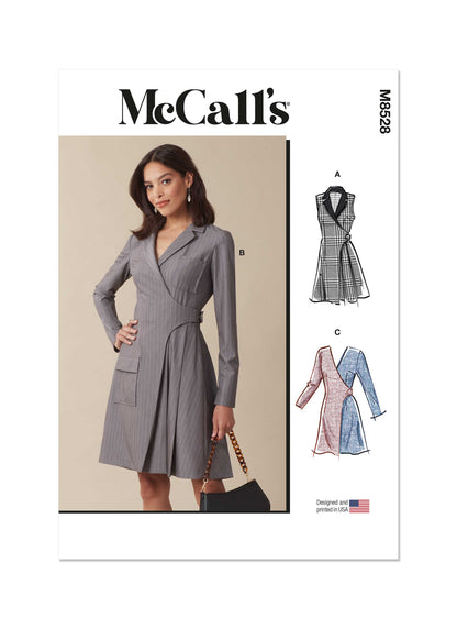 McCall's M8528 sewing pattern envelope showing blazer wrap dresses