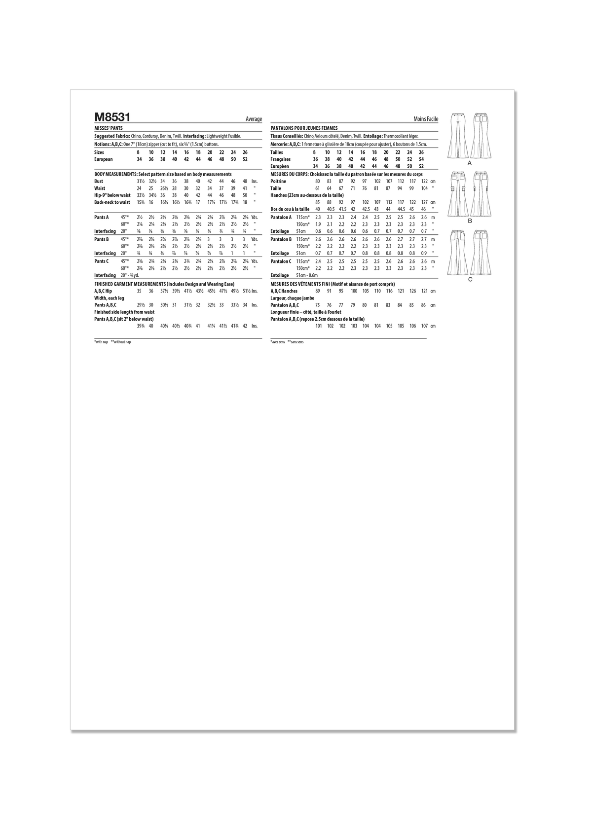 McCall's M8531 sewing pattern envelope showing flared trousers