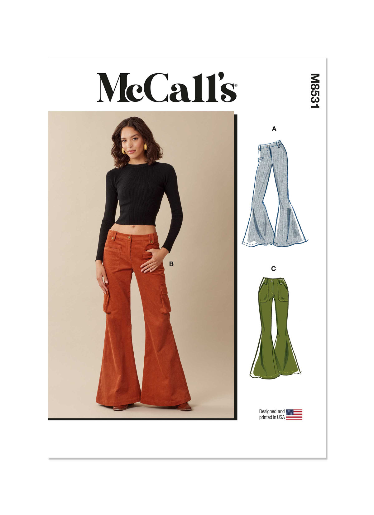 McCall's M8531 sewing pattern envelope showing flared trousers