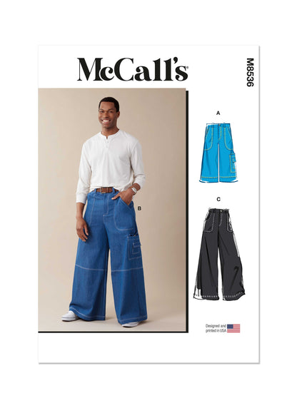 McCall's M8536 sewing pattern envelope showing men's cargo shorts and trousers