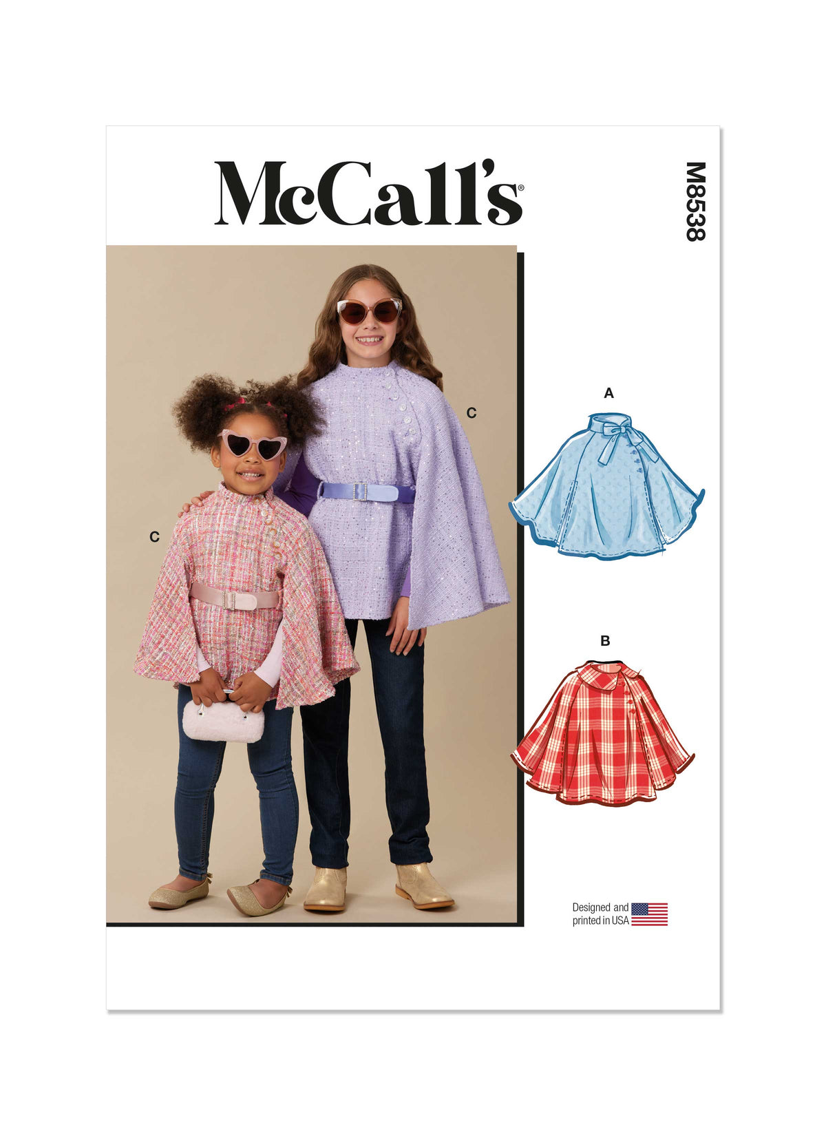 McCall's M8538 sewing pattern envelope showing girls' capes