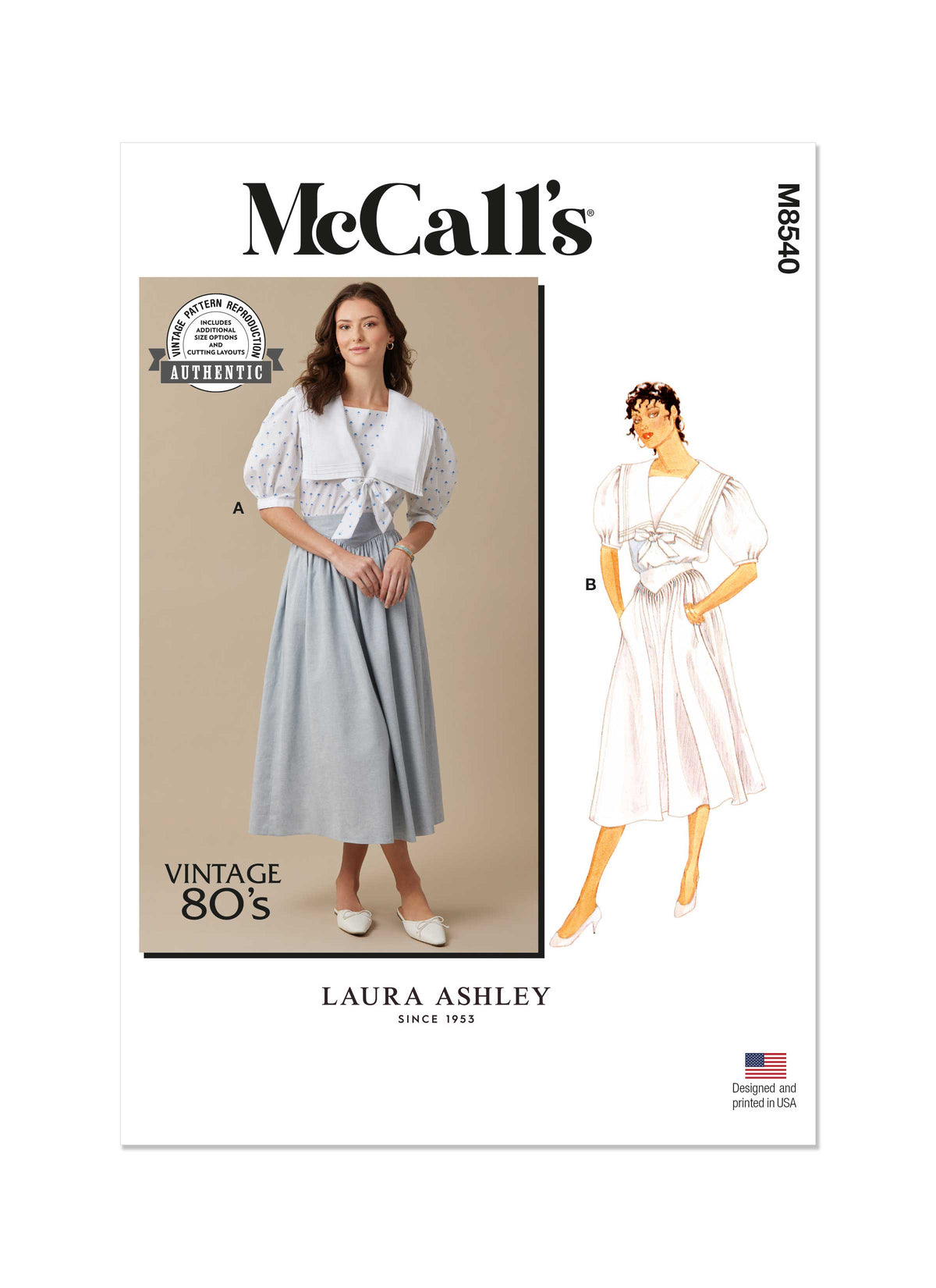 McCall's M8540 sewing pattern envelope showing vintage Laura Ashley top and skirt