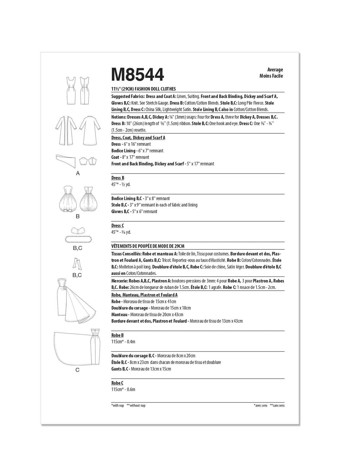 McCall's M8544 sewing pattern envelope showing fashion doll clothes