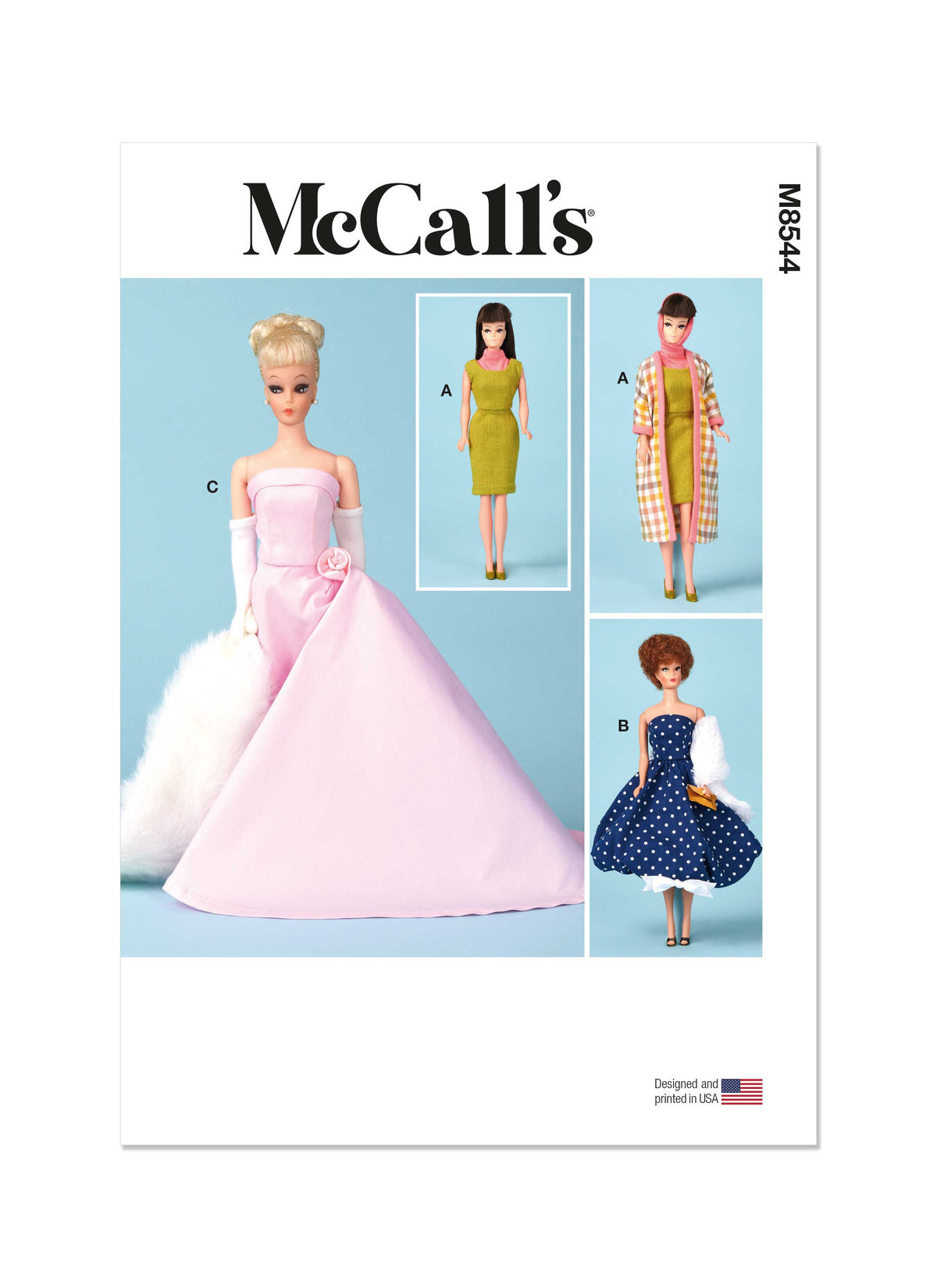 McCall's M8544 sewing pattern envelope showing fashion doll clothes