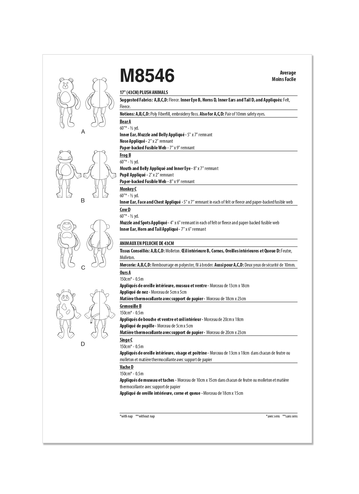 McCall's M8546 pattern envelope showing a stuffed bear, frog, monkey and cow