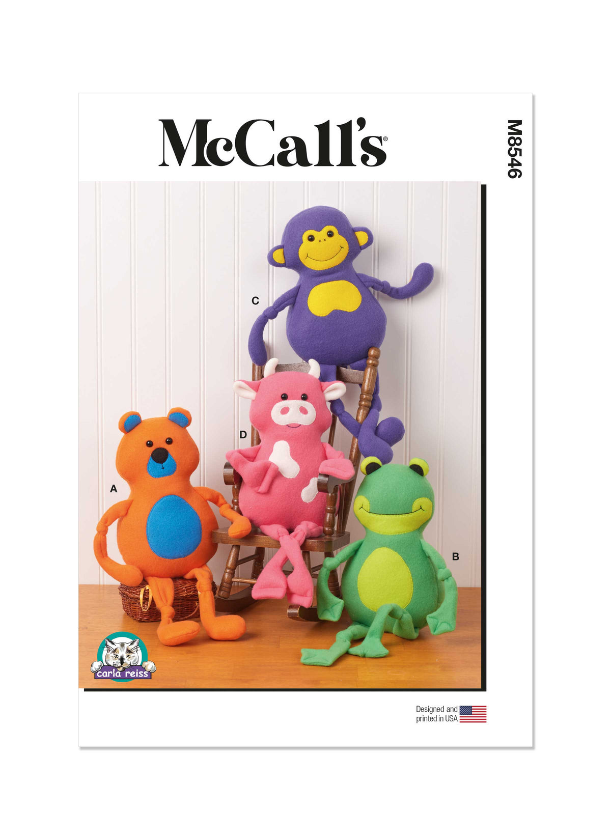 McCall's M8546 pattern envelope showing a stuffed bear, frog, monkey and cow