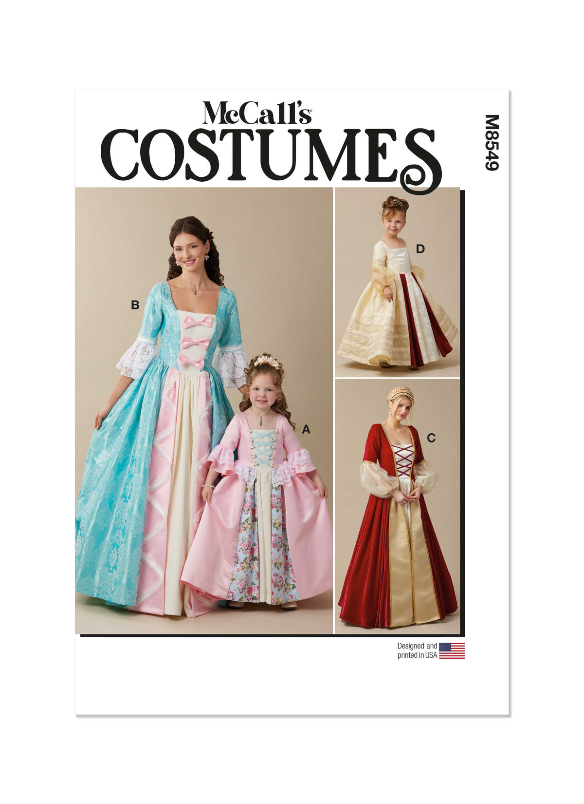 McCall's M8549 pattern envelope showing children's costume gowns